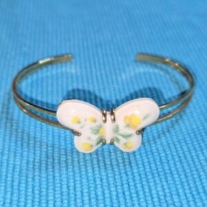 Vintage Butterfly Cuff Bracelet Gold Tone With Yellow Floral